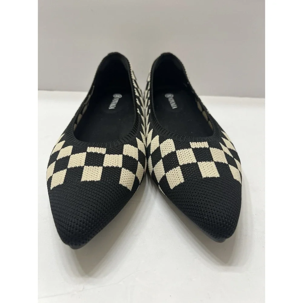 Vavaia Aria 5 Ballet Flats Pointed-Toe Black Cream Checkered Women's 39.5 Knit
